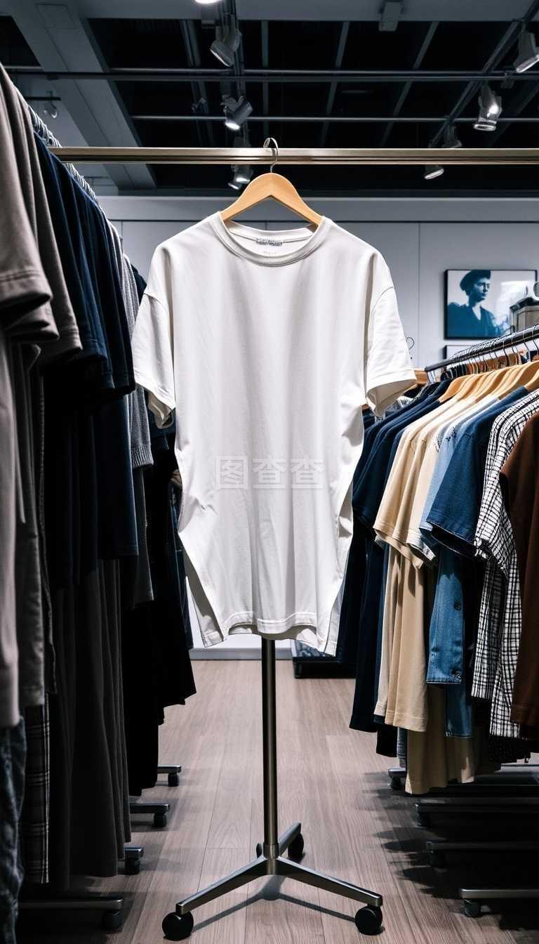 衣服和零售商店景觀,帶T恤的商店